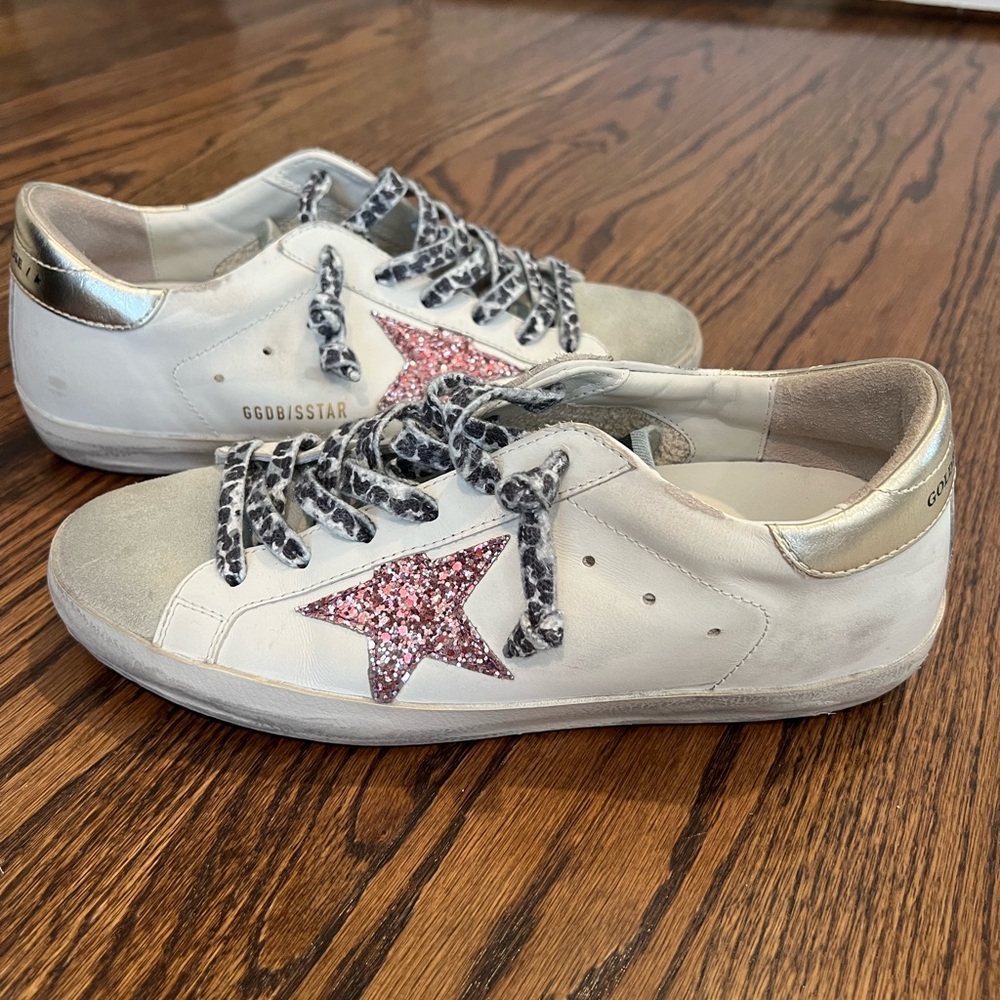 Golden Goose White Sneakers with Pink Glitter Star